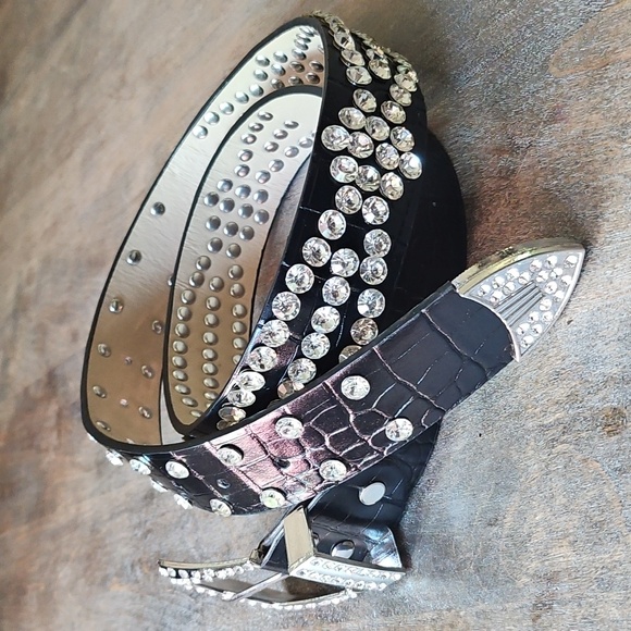 NWT Black Western Rhinestone Studded Alligator Embossed Black Belt main image 4